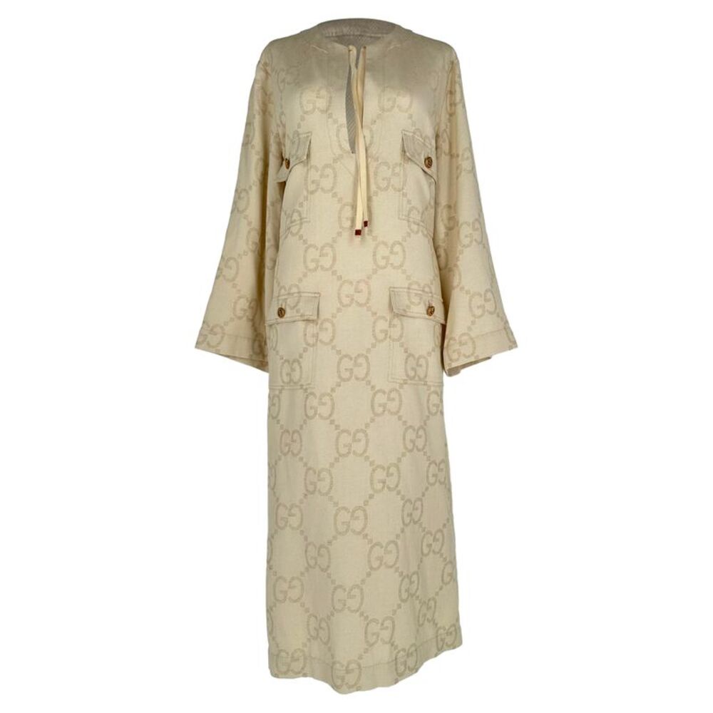 Gucci GG Monogram Long Sleeve Midi Dress in Cream Cotton